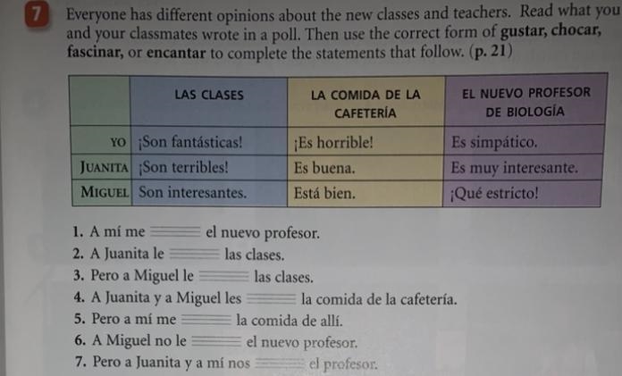 Use the correct form of gustar, chocar, fascinar, or encantar to complete the sentence-example-1