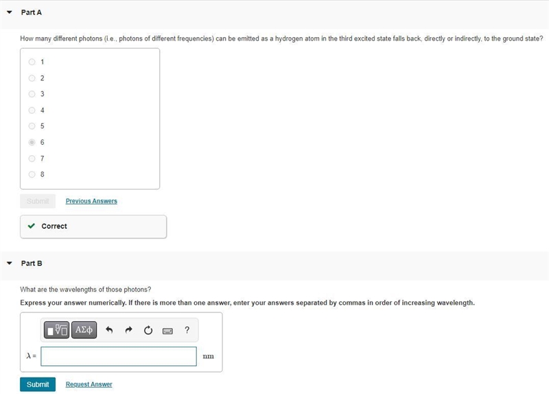 PART B. What are the wavelengths of those photons from Part A? Express your answer-example-1