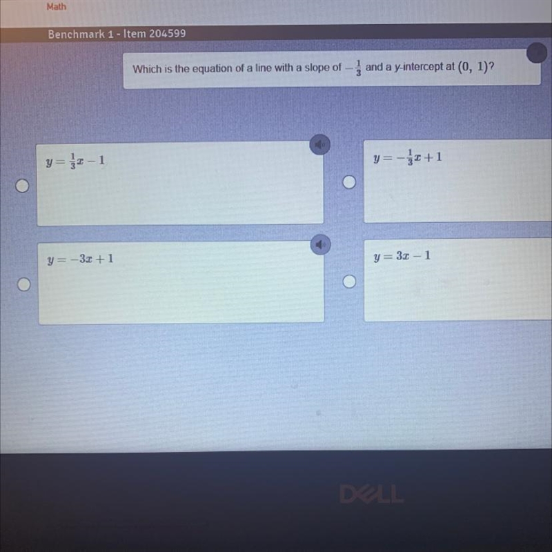 Which is the equation of a line with a slope of -- and a y-intercept at (0, 1)?-example-1