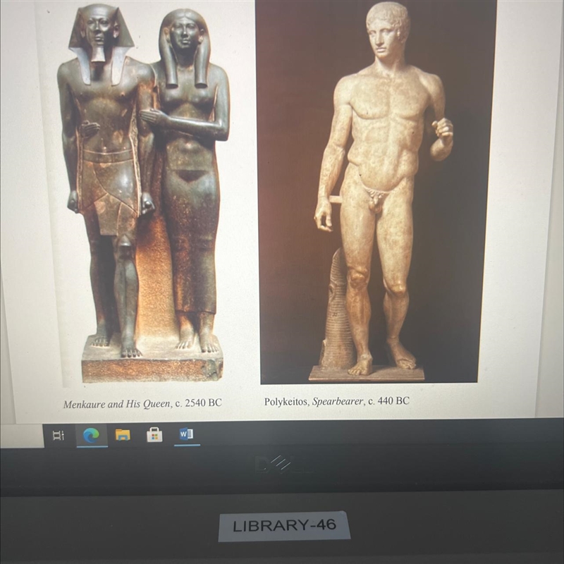 2. Compare the two sculptures below from ancient Egypt (left) and ancient Greece (right-example-1