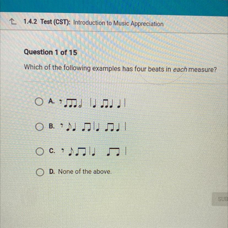 Which of the following examples has four beats in each measure?-example-1