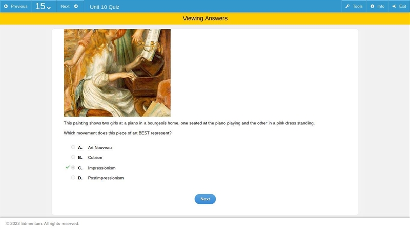 Which movement does this piece of art BEST represent? A. Art Nouveau B. Cubism C. Impressionism-example-1