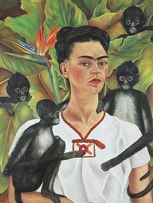 Which of the following explains a symbol in Frida Kahlo's Self-Portrait with Monkeys-example-1