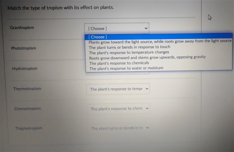 Match the type of tropism with its effect on plants.-example-1