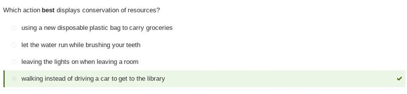 Which action best displays conservation of resources? O using a new disposable plastic-example-1