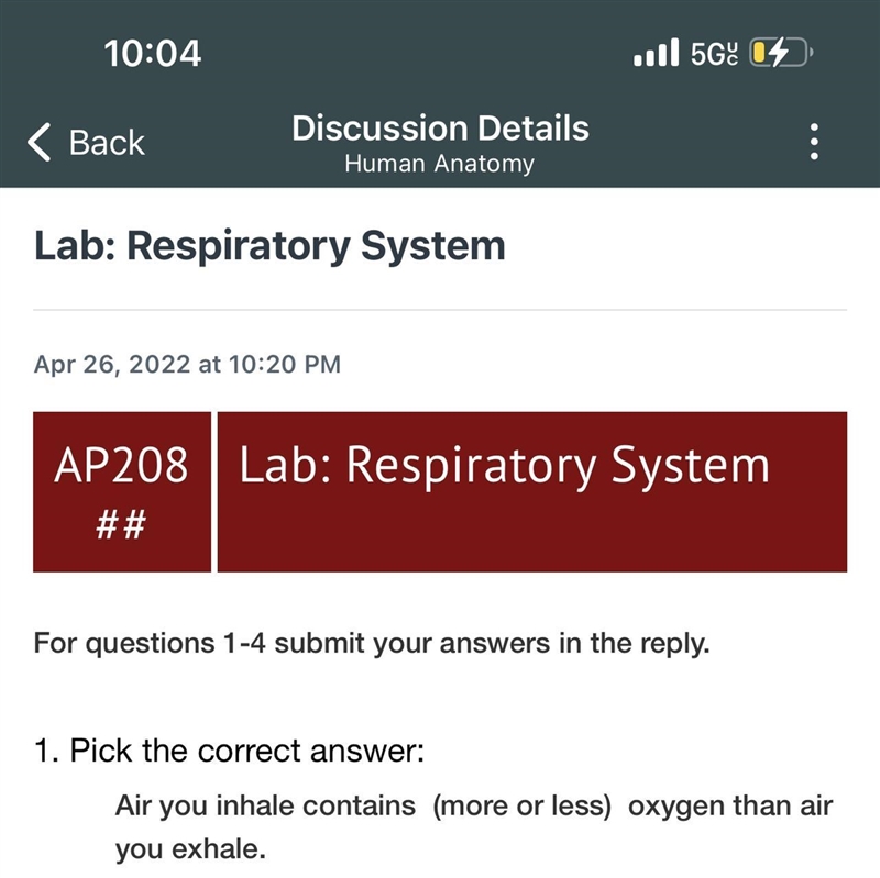 Lab: Respiratory SystemApr 26, 2022 at 10:20 PMAP208 Lab: Respiratory System##For-example-1