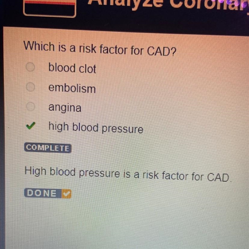 Which is a risk factor for CAD? blood clot embolism angina high blood pressure-example-1