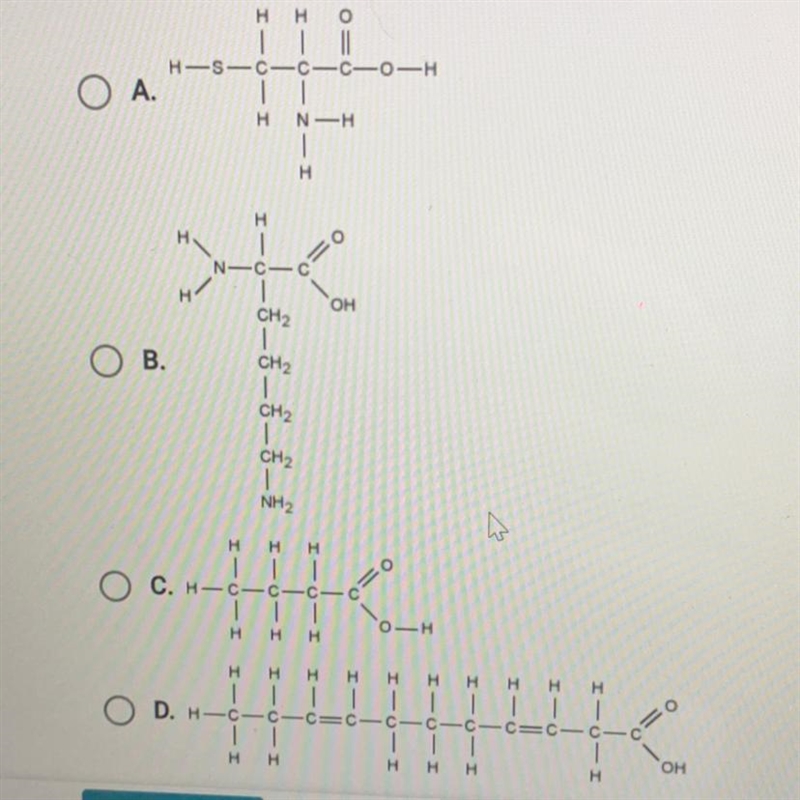 Which of the following shows an unsaturated fatty acid?-example-1