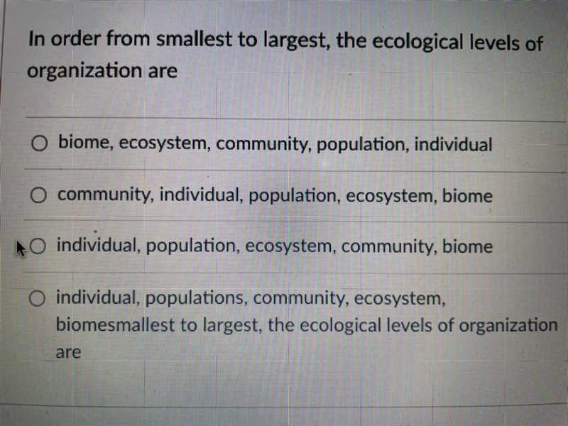 From smallest to largest, the ecological levels of organization are:-example-1