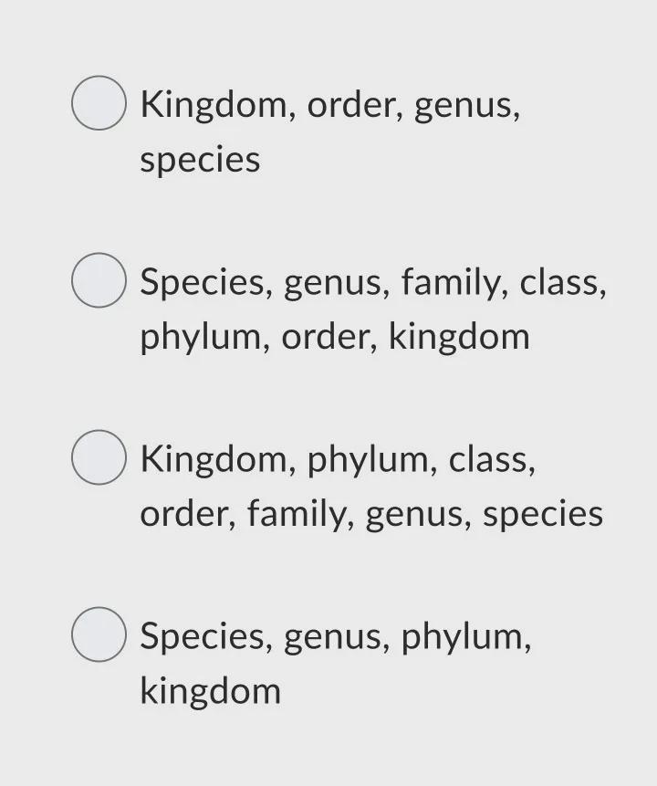 List all the hierarchical of classification for animals in the order of least to most-example-1