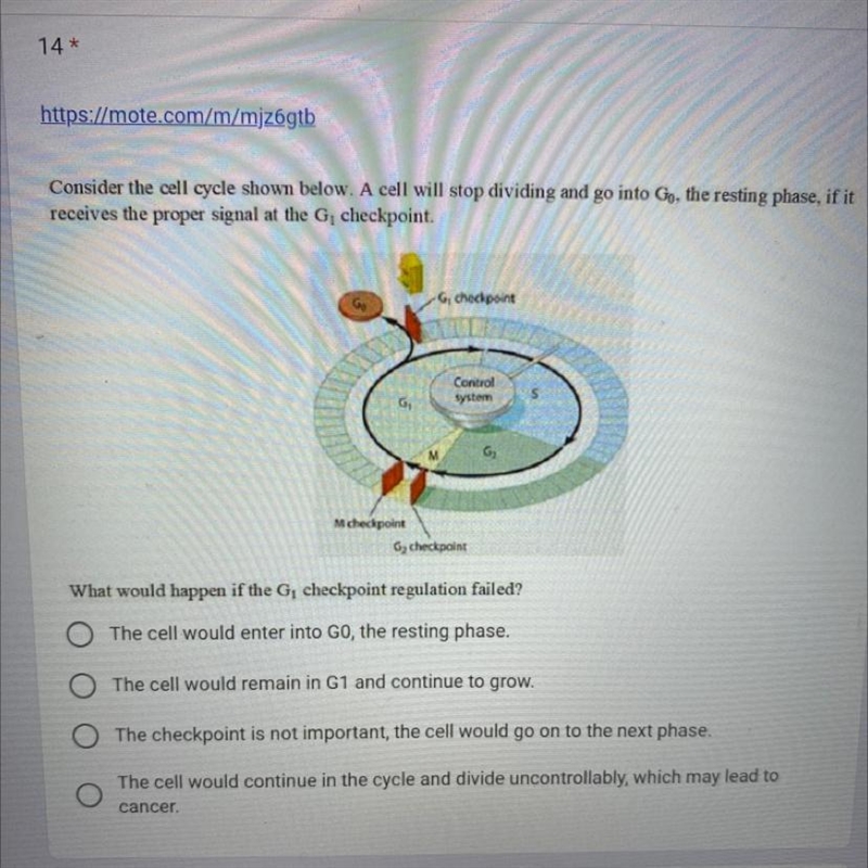 Consider the cell cycle shown below. A cell will stop dividing and go into Go, the-example-1