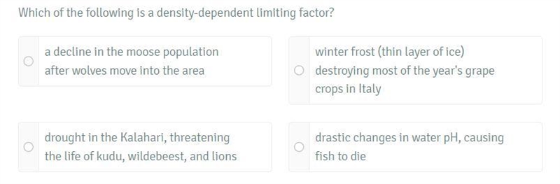 Bio which of the following is a density-dependent limiting factor pls help! whats-example-1