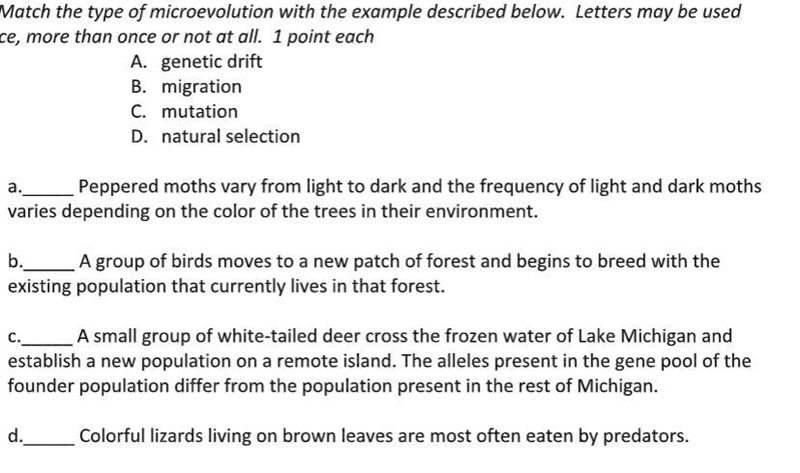 Match the type of microevolution with the example described below. Letters may be-example-1