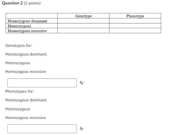 Genotypes for: Homozygous dominant Heterozygous Homozygous recessive Phenotypes for-example-1