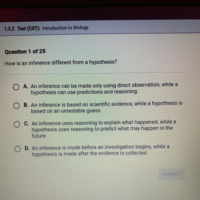 How is an inference different from a hypothesis? A. An inference can be made only-example-1