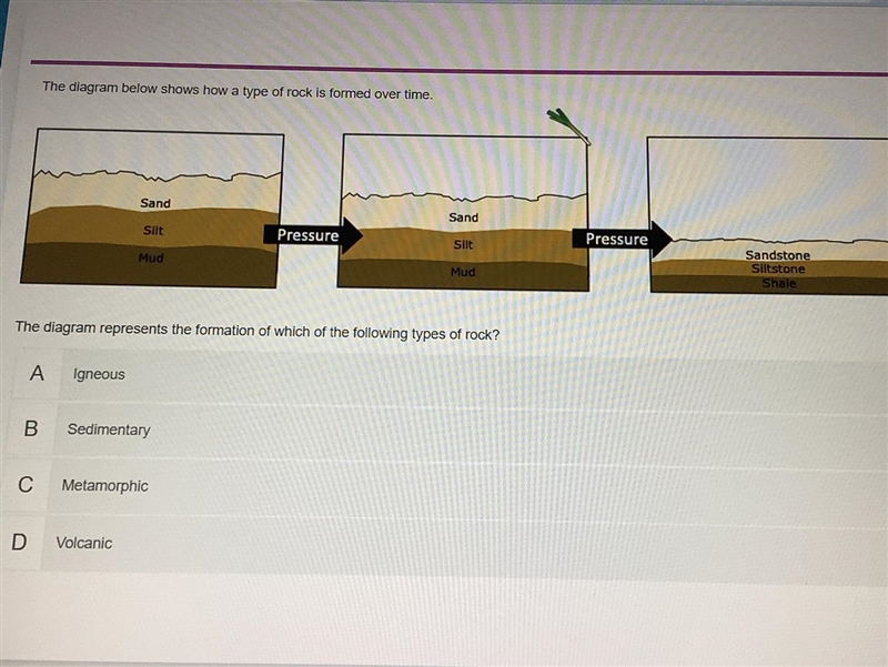 Help please. The diagram shows how a type of rock is formed overtime.-example-1