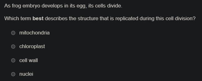 As frog embryo develops in its egg, its cells divide. Which term best describes the-example-1