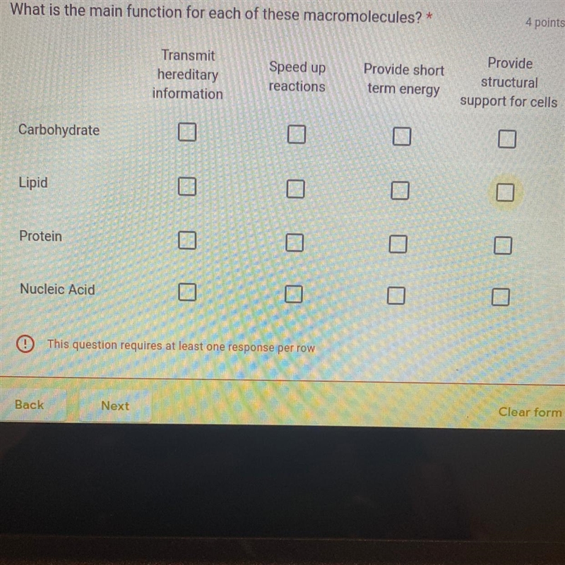 What is the main function for each of these macromolecules?-example-1