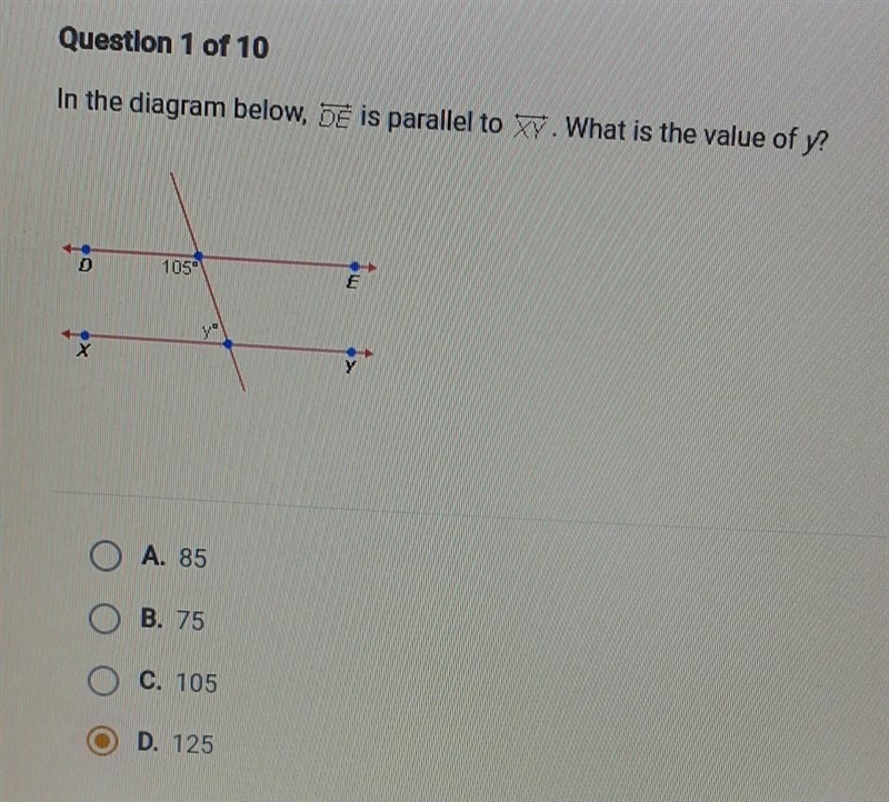 In the diagram below, DE is parallel to XY, What is the value of y?​-example-1