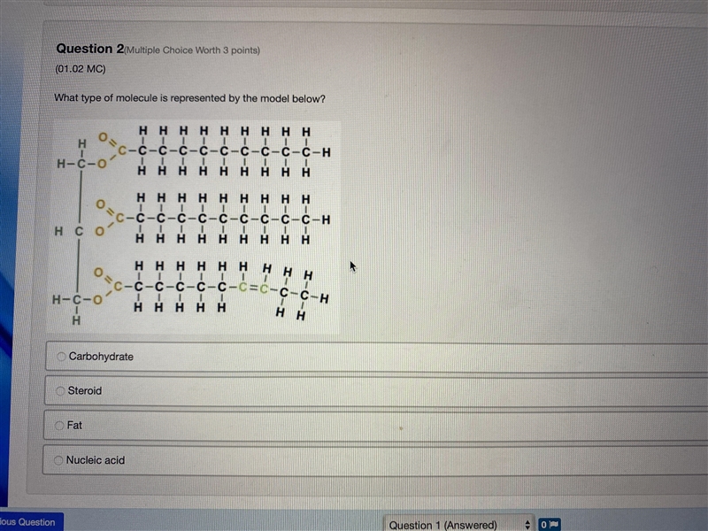 What type of molecule is represented by the model below? Carbohydrate Steroid Fat-example-1