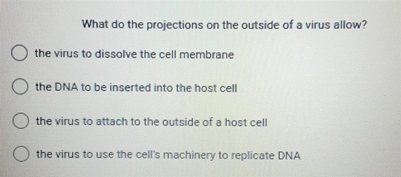 Q 1. Choose the best answer. What do the projections on the outside of a virus allow-example-1