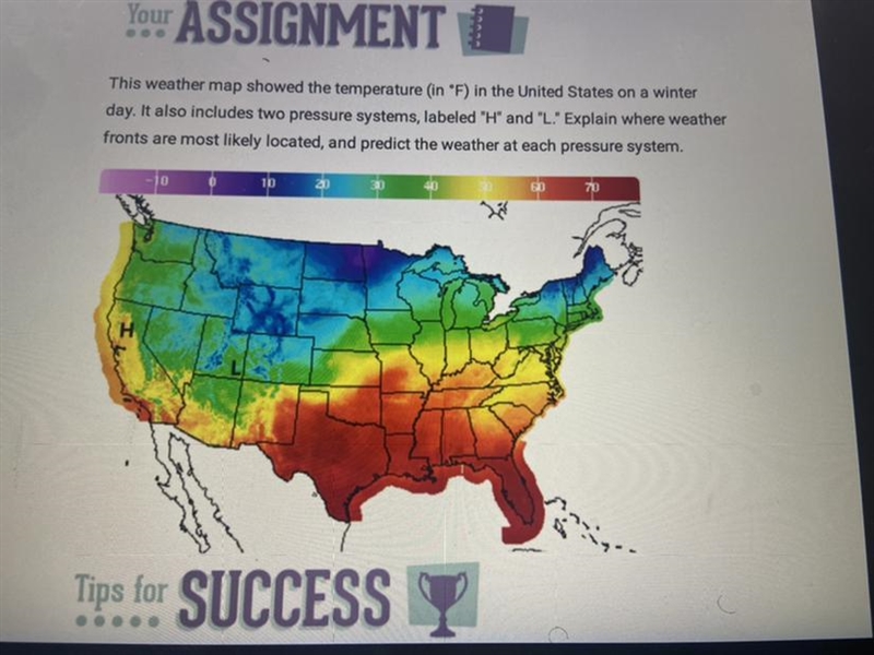 This weather map showed the temperature (in °F) in the United States on a winter day-example-1