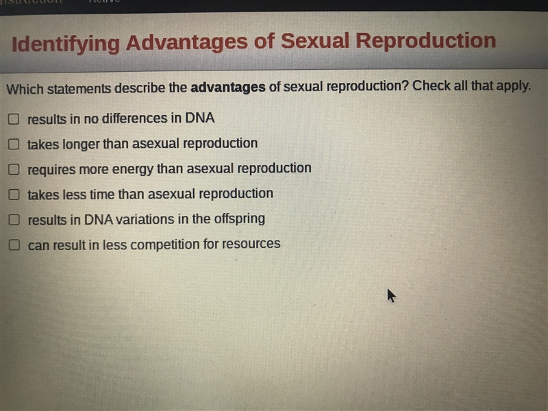 Which statements describe the advantages of s**ual reproduction? Check all that apply-example-1