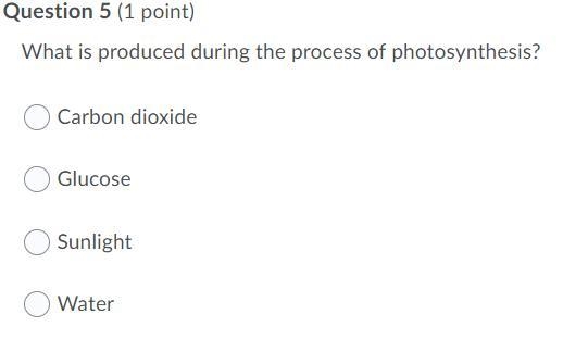 What is produced during the process of photosynthesis? Carbon dioxide Glucose Sunlight-example-1