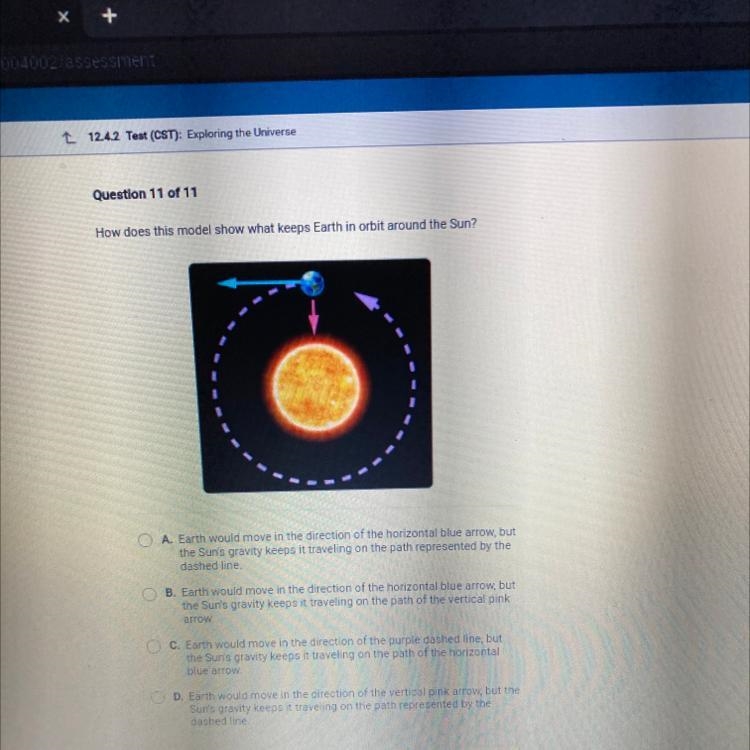 How does this model show what keeps Earth in orbit around the Sun? O O A. Earth would-example-1