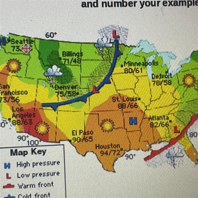 Analyze this weather map and provide five specific dxamples of weather conditions-example-1