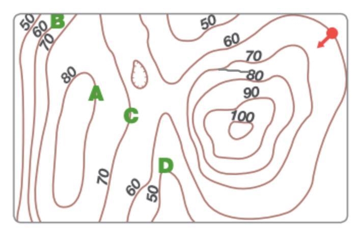 What is the change in elevation between point B and point D? A. 10 m B. 20 m C. 30 m-example-1