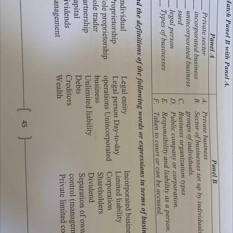 Match Panel B with Panel A. Panel A 1-Private sector 2-incorporated business 3-unincorporated-example-1