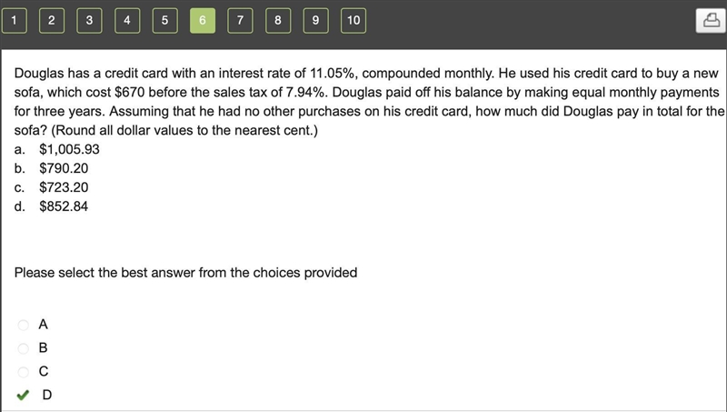 Douglas has a credit card with an interest rate of 11. 05%, compounded monthly. He-example-1