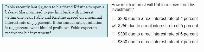 How much interest will pablo receive from his investment? $200 due to a real interest-example-1