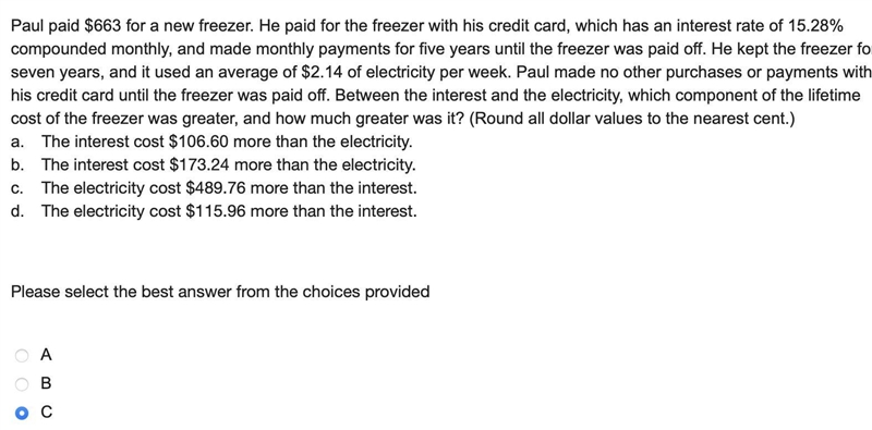 Paul paid $663 for a new freezer. He paid for the freezer with his credit card, which-example-2