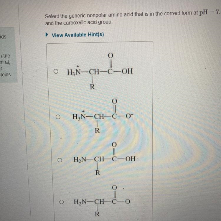 Select the generic non polar amino acid that is in the correct form at pH=7.0-example-1