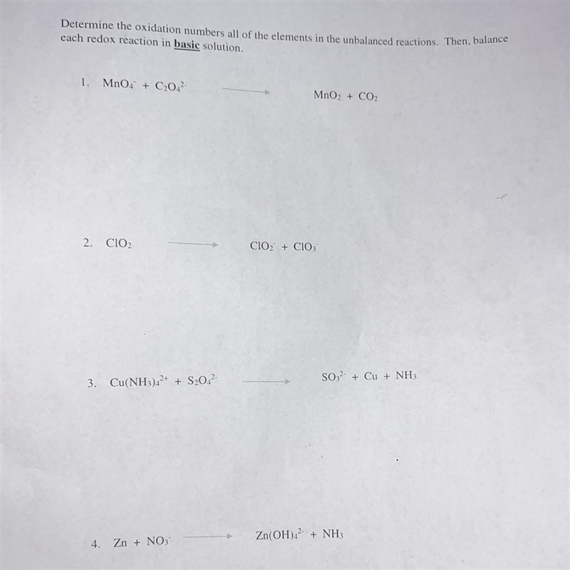 Determine the oxidation numbers of all of the elements in the unbalanced reactions-example-1