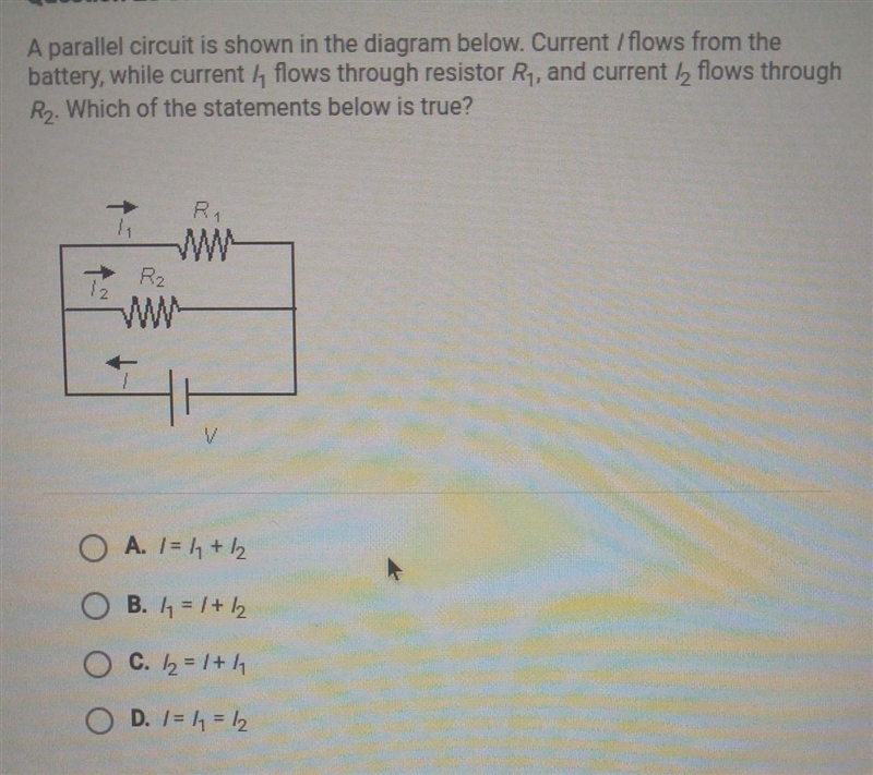 A parallel circuit is shown in the diagram below. Current I flows from the battery-example-1