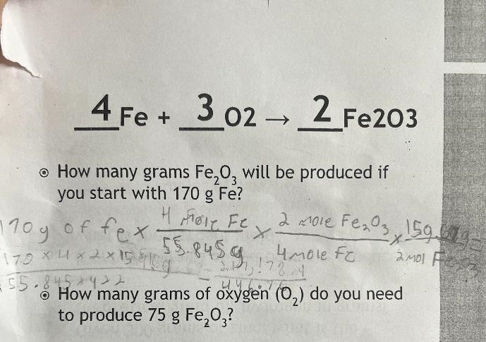 4 Fe + 3 02 - 2 Fe203How many grams Fe203 will be produced ifyou start with 170 g-example-1