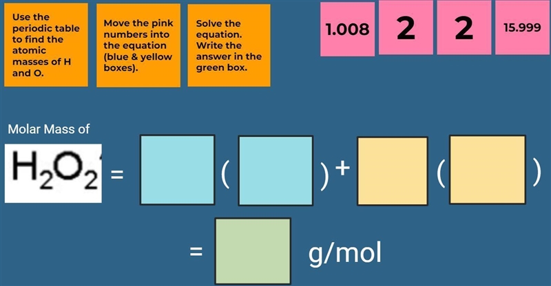 Use the periodic table to find the atomic masses of H and O Move the pink numbers-example-1