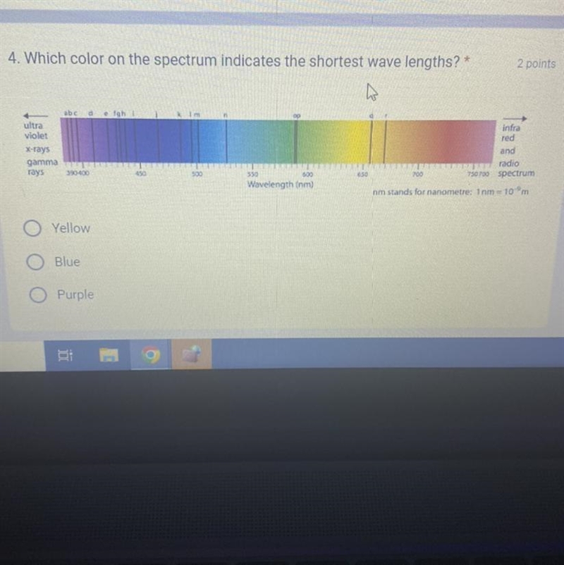 Which color on the spectrum indicates the shortest wave lengths? O Yellow O Blue O-example-1