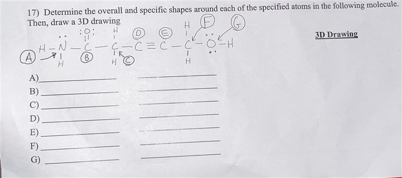 Determine the overall and specific shapes around each of the specified atoms in the-example-1