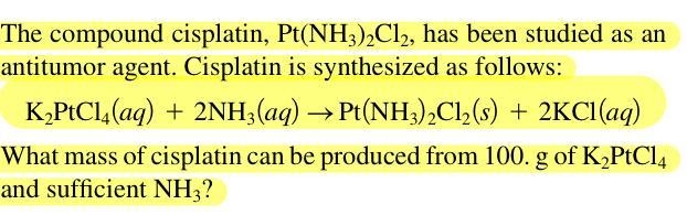 The compound cisplatin, Pt(NH3)2Cl2, has been studied as an antitumor agent. Cisplatin-example-1