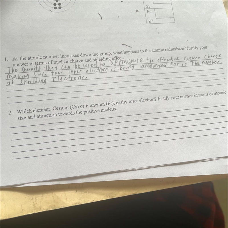 Which element ,cesium or francium easily loses electron ? Justify your answer in terms-example-1