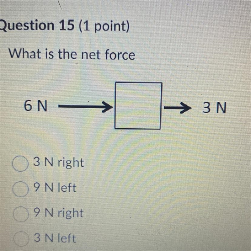 What is the net force A. 3 N right B. 9 N left C. 9 N right D. 3 N left-example-1