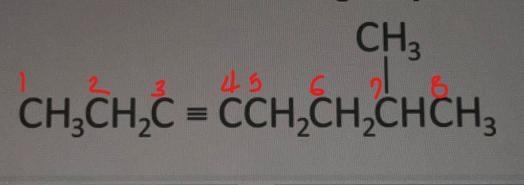 Name the following alkyne: CH3 | CH3CH2C = CCH2CH2CHCH3 =-example-1