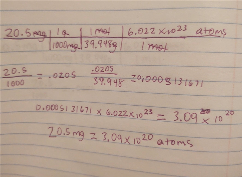 How many atoms are in 20.5 mg (miligram) argon. Express answer in scientific notation-example-1