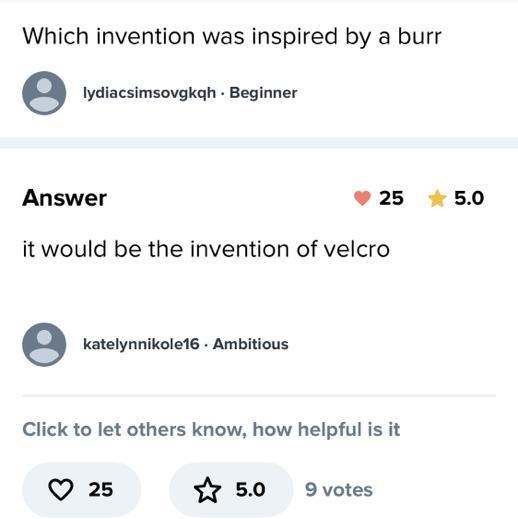 Which invention was inspired by a burr? O A. GPS O B. Velcro O C. Stun gun O D. DNA-example-1