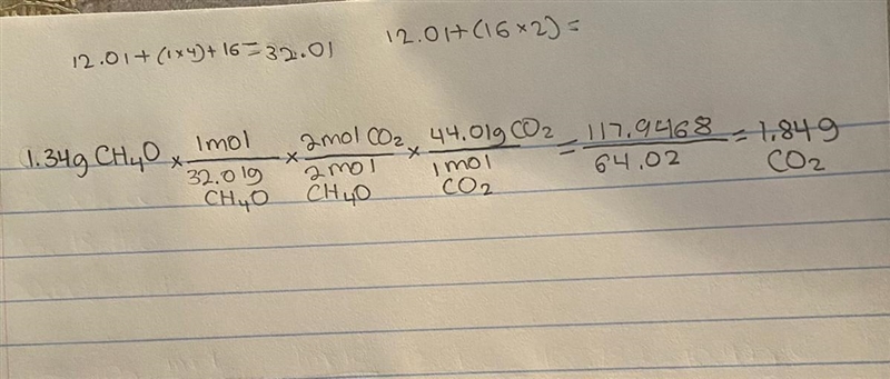 Given the following reaction: 2 CH4O + 3 O2 → 2 CO2 + 4 H2O How many grams of CO2 will-example-1