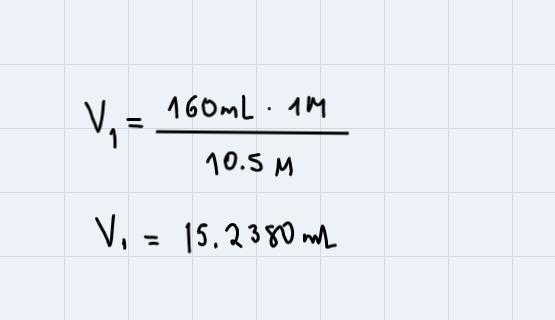 How many milliliters of 10.5 M HCl(aq) are needed to prepare 160.0 mL of 1.00 M HCl-example-2